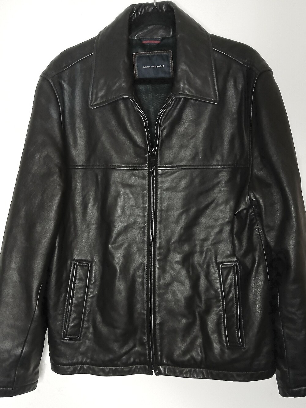 TOMMY HILFIGER Men's Black Genuine Leather Zip Jacket Plaid Lined Coat Size M